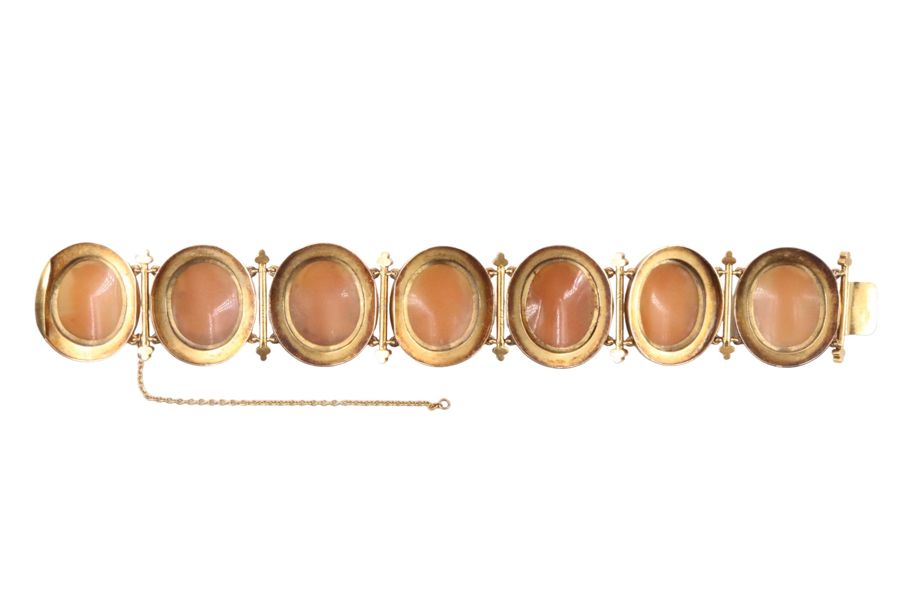 A Victorian shell cameo bracelet, the seven cameos carved in depiction of classical visages, each - Image 2 of 3