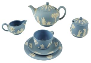 A Wedgwood blue Jasperware tea set, six items