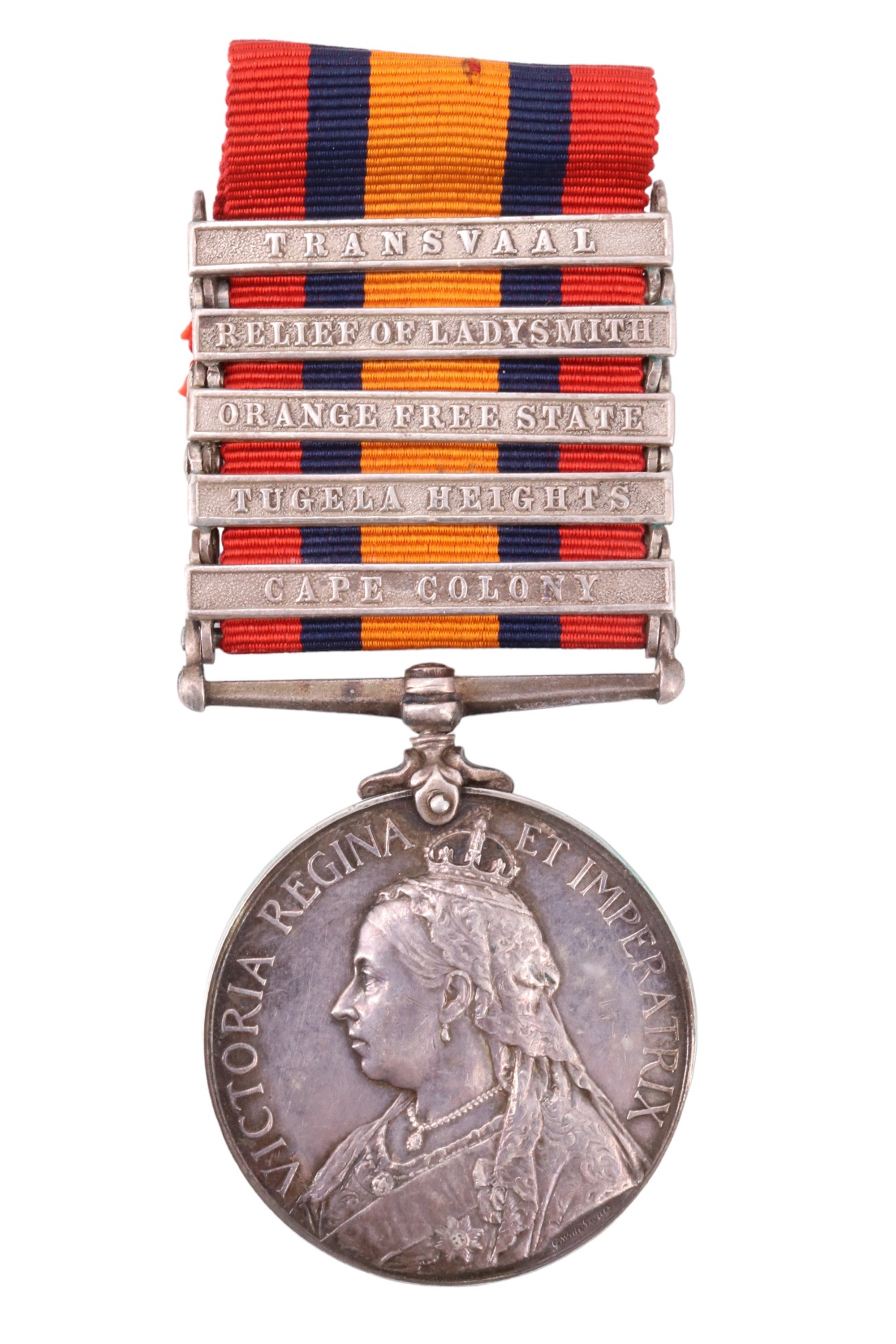 A Queen's South Africa Medal with five clasps, erased