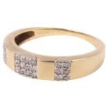 A contemporary 12 stone diamond finger ring, having a square of four pave set princess cut stones,