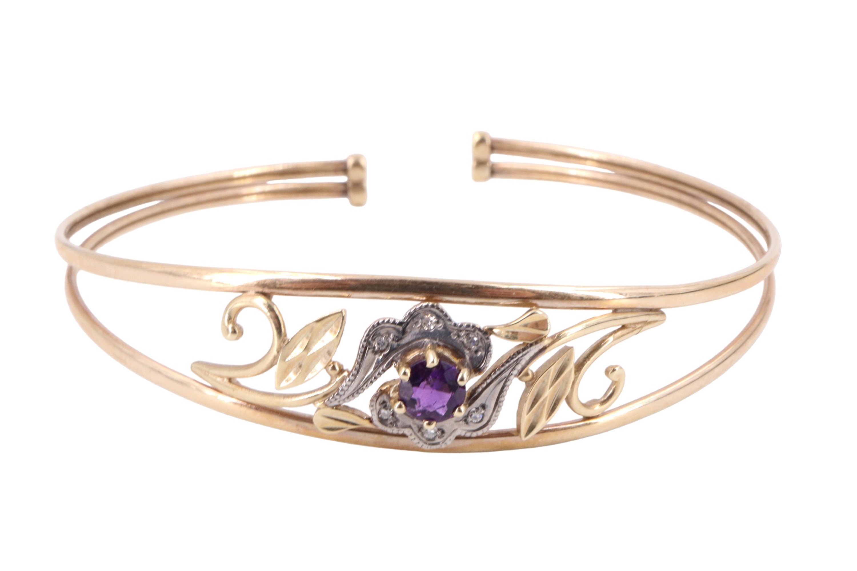 A contemporary amethyst and white stone set floral bangle, having a 5 mm amethyst brilliant - Image 3 of 3