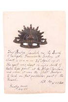 A Great War ANZAC Australian Commonwealth Military Forces cap badge with Gallipoli landings
