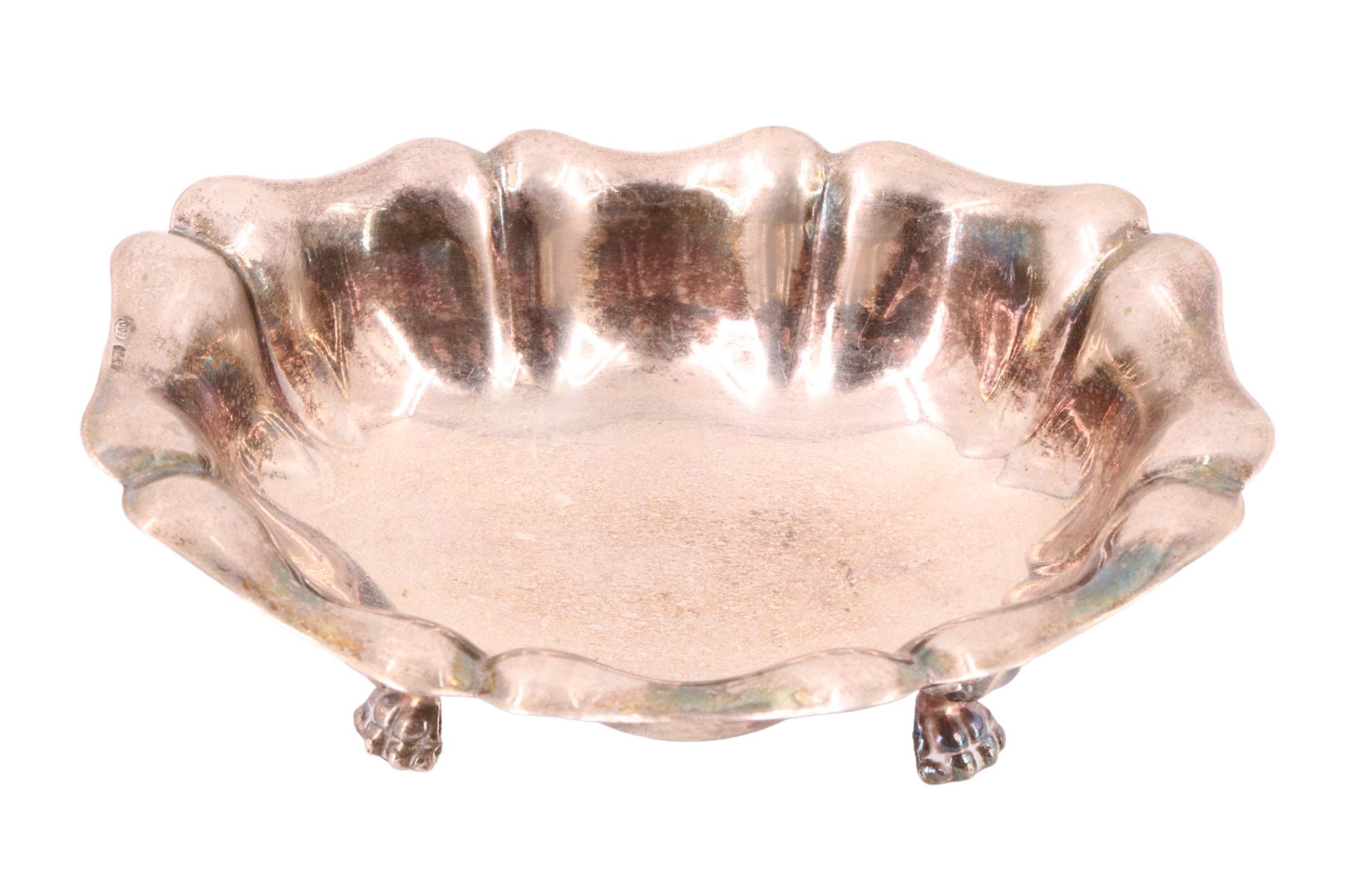 A mid-to-late 20th Century white metal bon-bon dish, having lobed sides raised on four feet, - Image 2 of 3