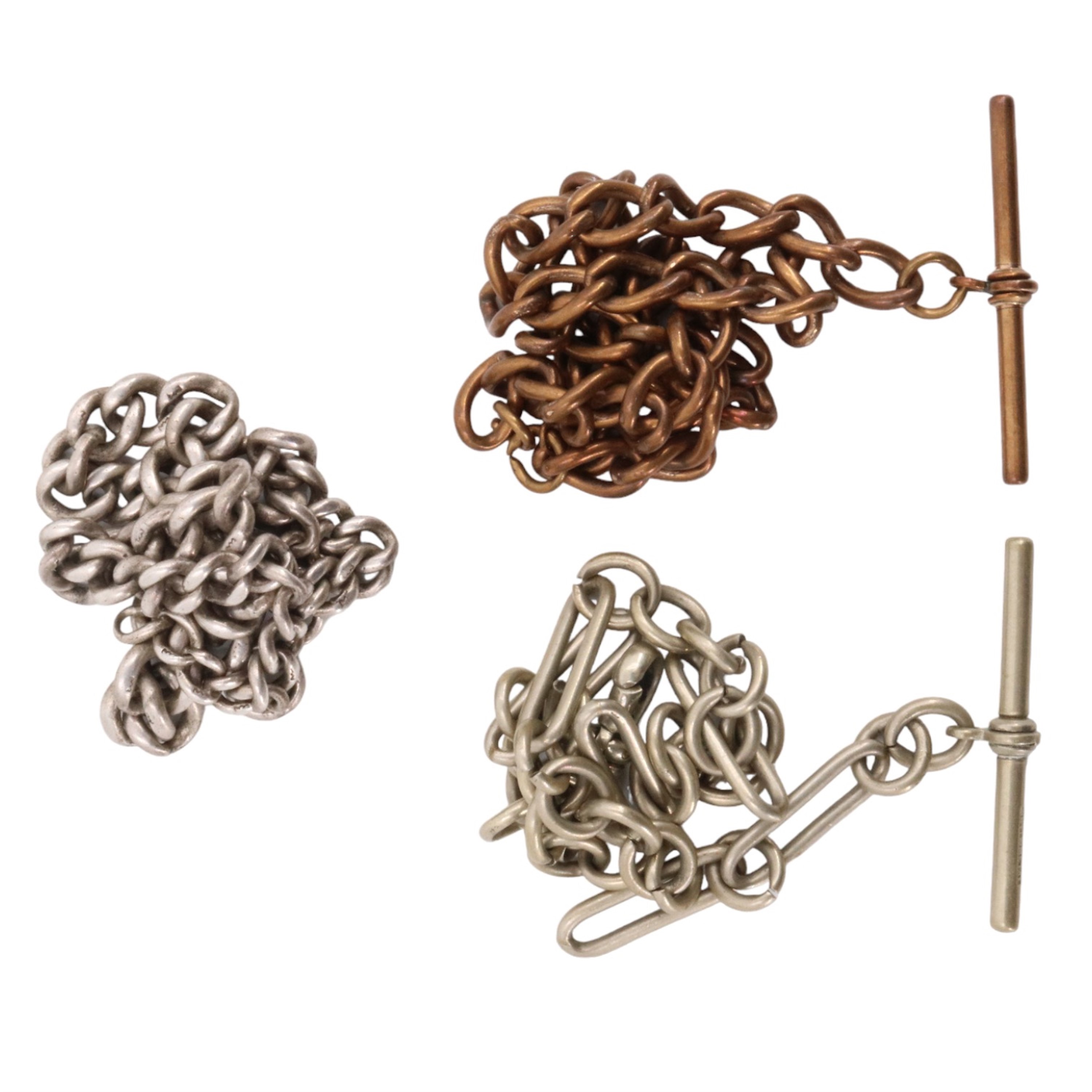 Three early 20th Century watch chains, comprising silver and gilt metal graduated curb links, and