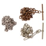 Three early 20th Century watch chains, comprising silver and gilt metal graduated curb links, and