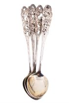 A set of six Finnish white metal teaspoons, having pierced scrolling handles, marked '813H', 1946,