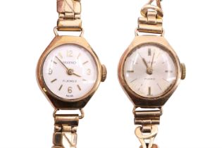 Two Regency 9 ct gold wristlet watches, each having a 17 jewel movement and silver dial, on gold