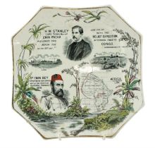 A Victorian transfer printed and hand tinted earthenware plate commemorating Stanley's 1887 - 1889