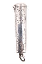 An Edwardian silver cheroot holder case, bearing engraved foliate scrolls and a vacant shield