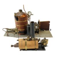 Two live steam model stationary engines on platform bases, scratch built, late 20th Century