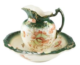 A Victorian floral transfer decorated ceramic jug and basin in the 'Bath' pattern by A and E Mayers,