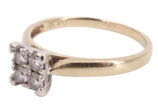A contemporary diamond ring, comprising a square arrangement of four pave-set diamond brilliants