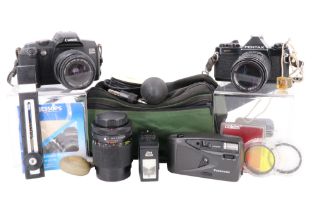 Three 35 mm film cameras and accessories, comprising a Canon EOS 5000, Pentax Asahi MV and a