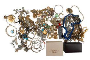 A quantity of costume jewellery including blue glass and other necklaces, earrings, bracelets, etc