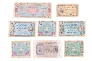 A group of Second World War British military and occupation banknotes