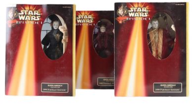 Three Star Wars Episode 1 Queen Amidala action figures, comprising Black Travel Gown, Red Senate