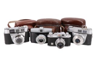 Four 35 mm film cameras, comprising a Kodak Retinette IB, Kodak Retinette IA, Halina 35X and a