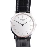 A lady's Tissot stainless-steel wristwatch, having a quartz movement, brushed silver face, baton