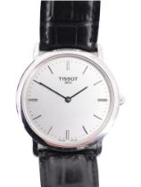 A lady's Tissot stainless-steel wristwatch, having a quartz movement, brushed silver face, baton