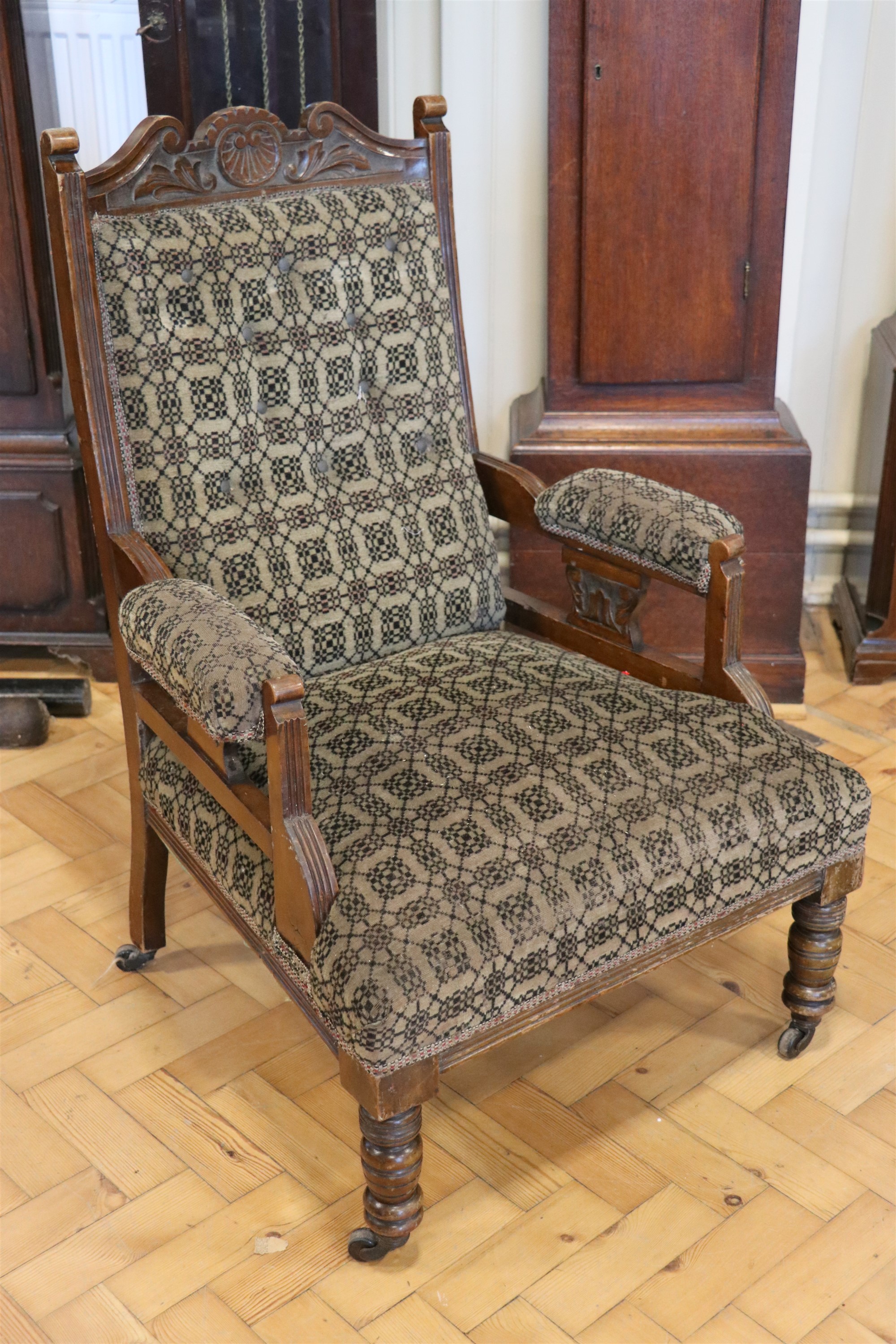 A pair of Victorian upholstered and carved walnut lounge armchairs - Image 2 of 6