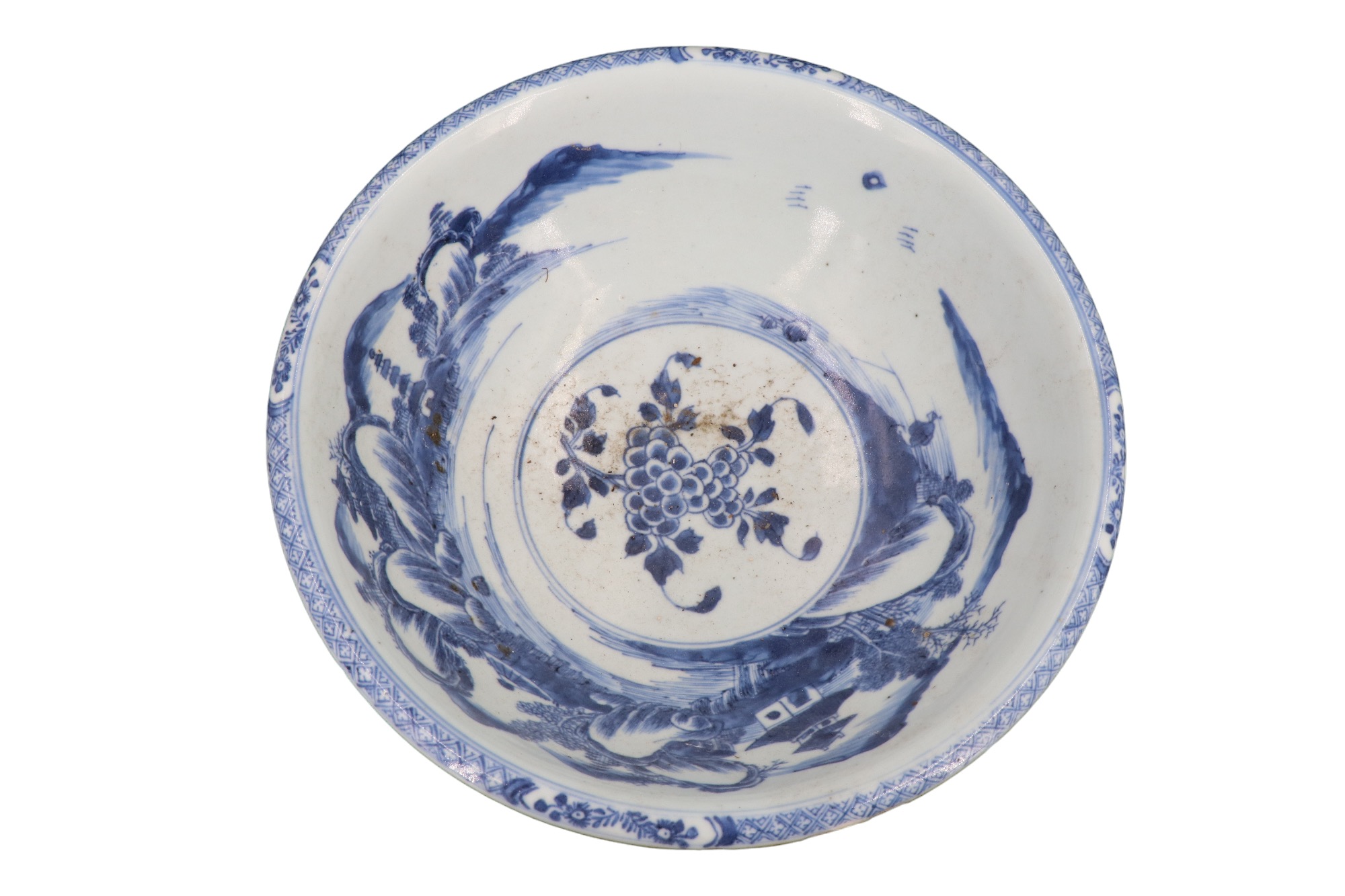 A late Quing Chinese blue-and-white porcelain bowl, circular with down-turned everted rim, decorated - Image 4 of 9