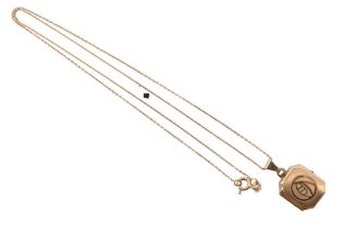 A contemporary 9 ct gold locket on a princess length neck chain, having canted corners and a