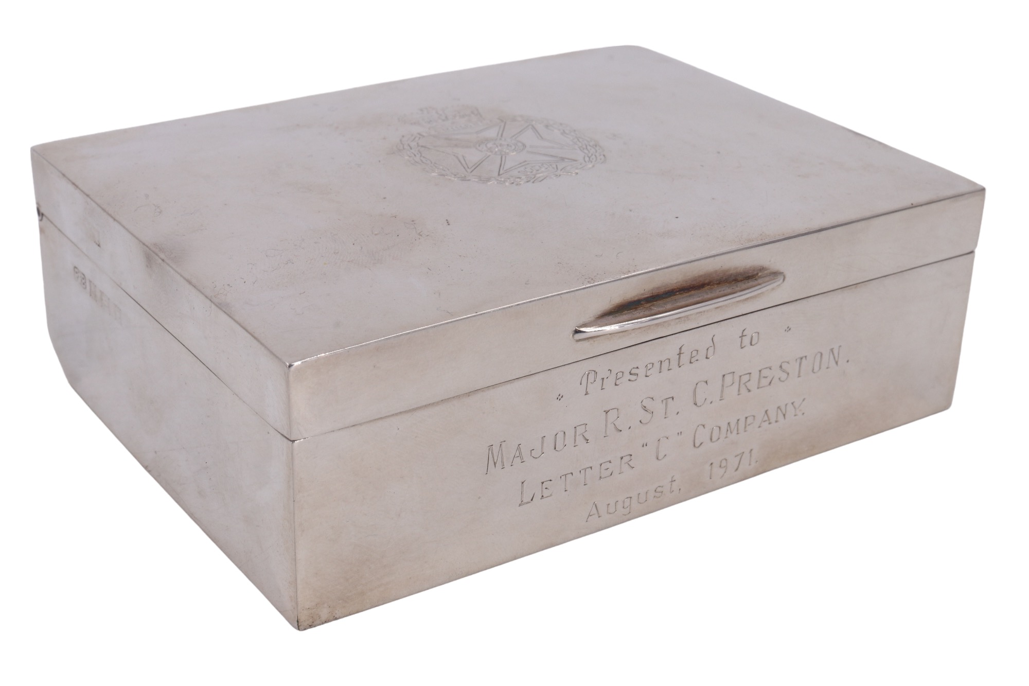 A British Army Royal Green Jackets regiment silver bound presentation table cigarette box, the