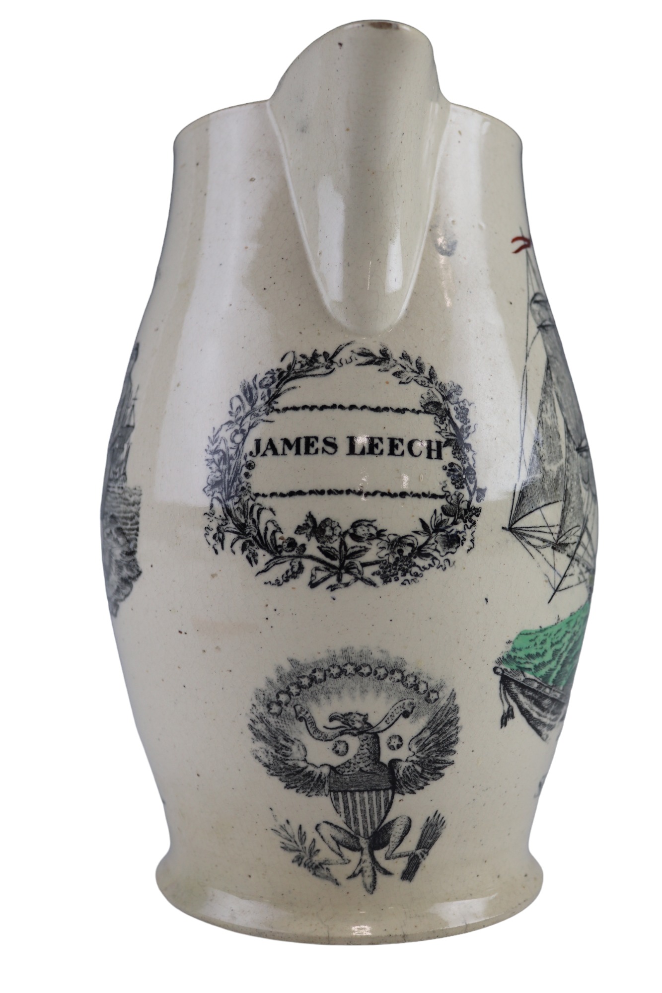 A large early 19th Century earthenware maritime jug, of baluster form having printed and over tinted - Image 2 of 5