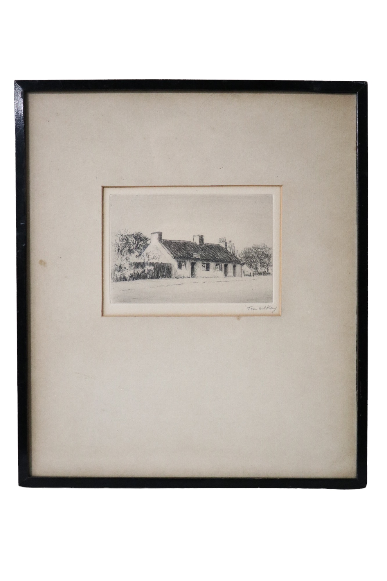 Tom McKay A study of Robert Burns' cottage at Ayre, etching, signed, card mounted in ebonised - Image 2 of 2
