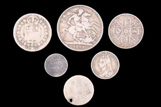 George III and Victorian silver GB coins, comprising an 1816 sixpence, a 1787 shilling, an 1891