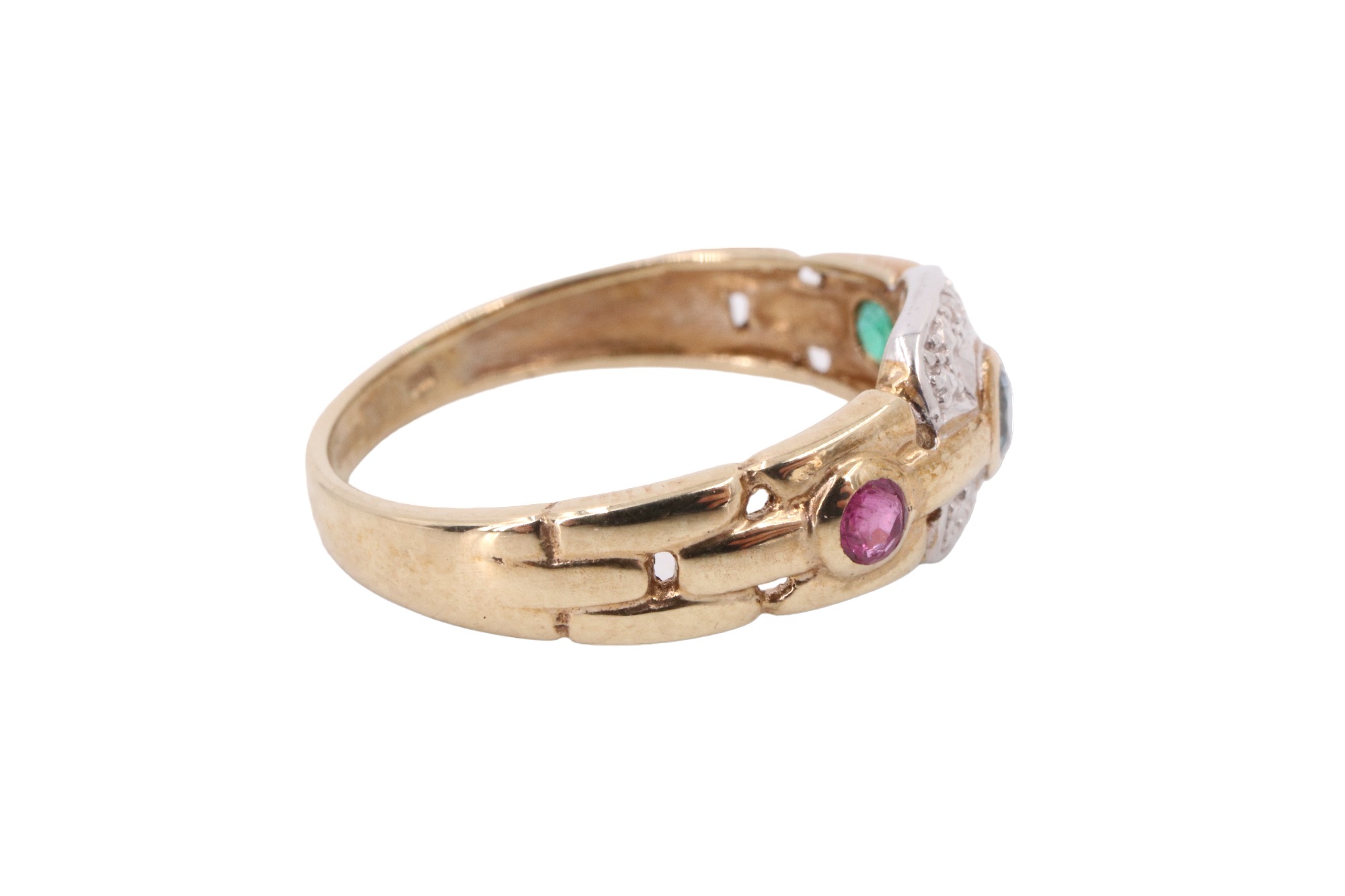 A three stone and diamond finger ring, having a bezel set sapphire between adorsed crescents each - Image 3 of 5