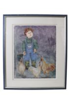 Ruth Boissoin (Canadian, contemporary) "Little boy blue and his chickens", a charming, stylized