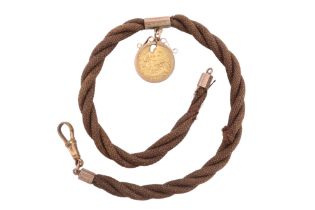 An Edwardian hair watch chain with 1913 half sovereign fob, the coin mount in 9ct yellow metal, 37