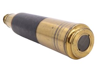 A late Georgian / Victorian three-draw brass telescope, having a leather-covered body tube and