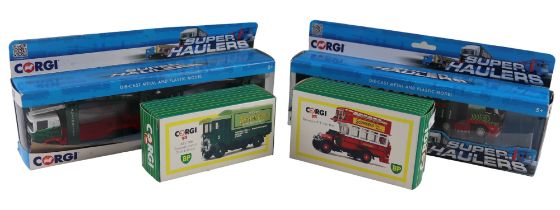 Two boxed Corgi Super Haulers diecast model wagons together with Thornycroft "J" type bus and AED