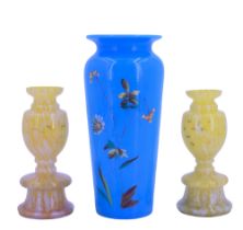 A Victorian enamelled blue opaline glass vase, of shouldered tapering cylindrical form, together