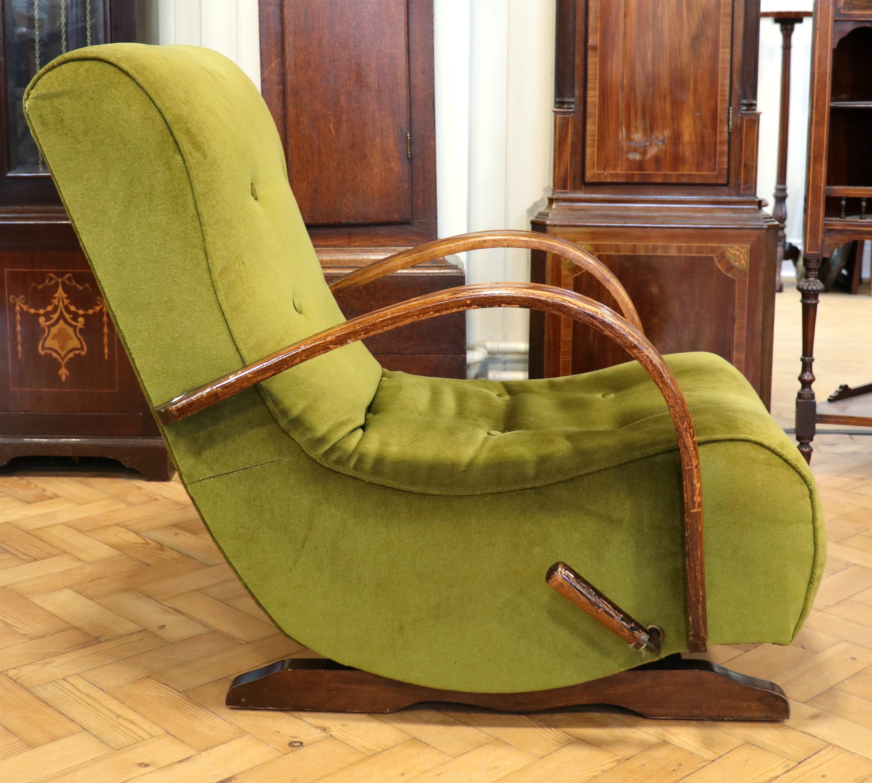 A 1930s Moderne upholstered rocking armchair, having a lever operated clutch - Image 3 of 3