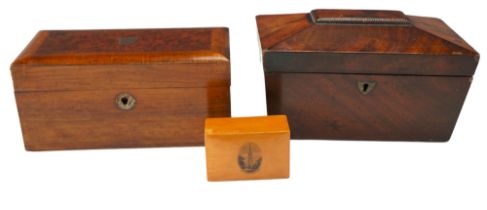 A Victorian burr veneered and cross banded walnut two compartment tea caddy together with a George