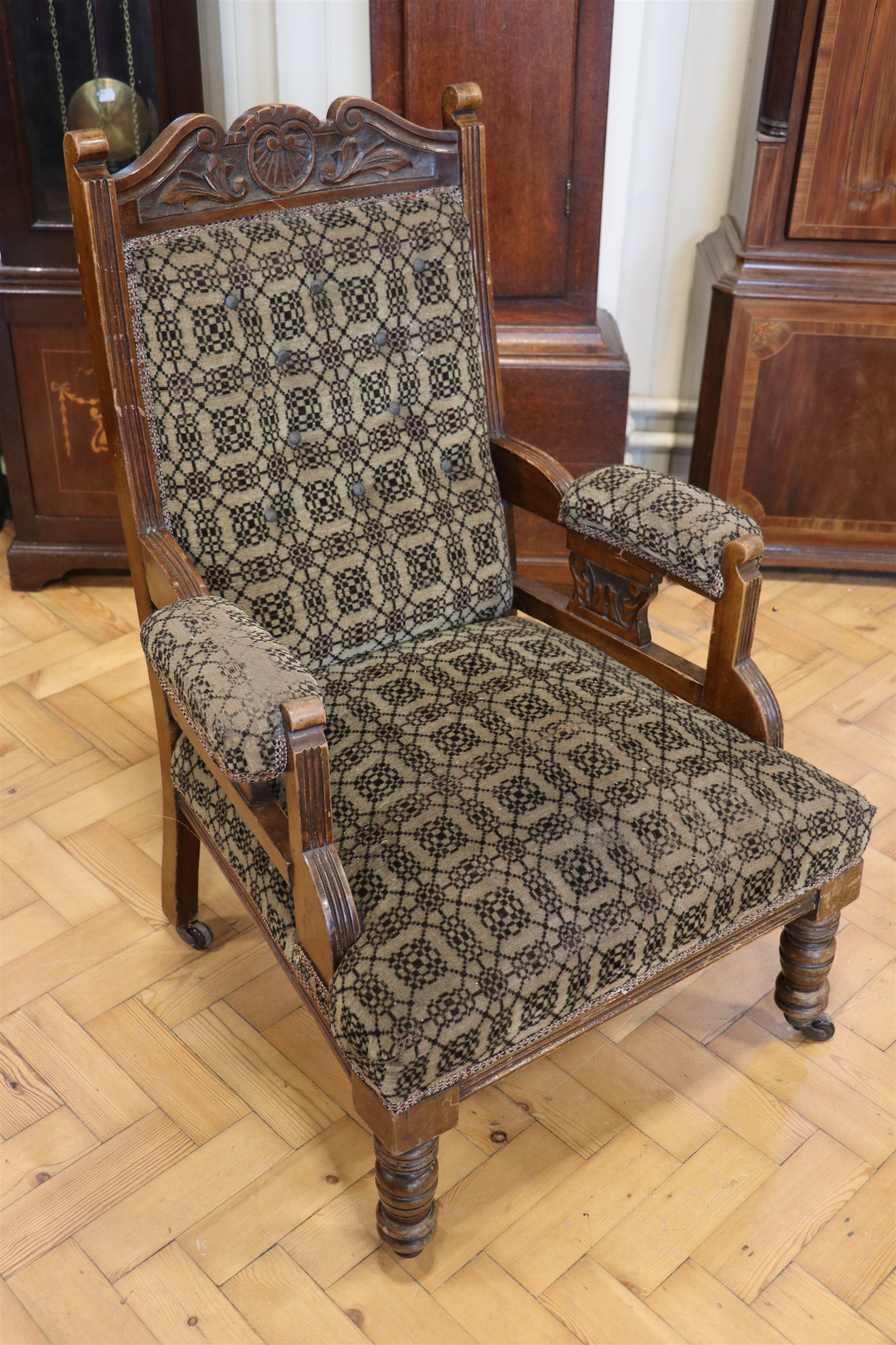 A pair of Victorian upholstered and carved walnut lounge armchairs - Image 5 of 6