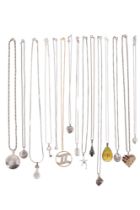 15 various silver and white metal pendant necklaces, 118 g gross