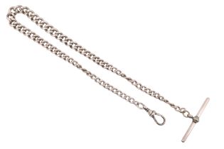 A late 19th / early 20th Century silver graduated curb link watch chain, with T-bar and swivel, 30