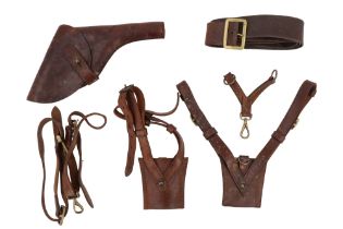 Sam Browne officers' and other leather accoutrements including a holster, swords frogs and a