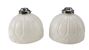 A pair of 1930s chrome mounted moulded milk-glass pendant light shades, 20.5 x 16.5 cm