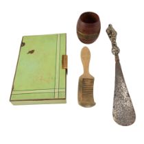 A minaudière together with a silver handled shoe horn, a treen butter/scraper and a commemorative