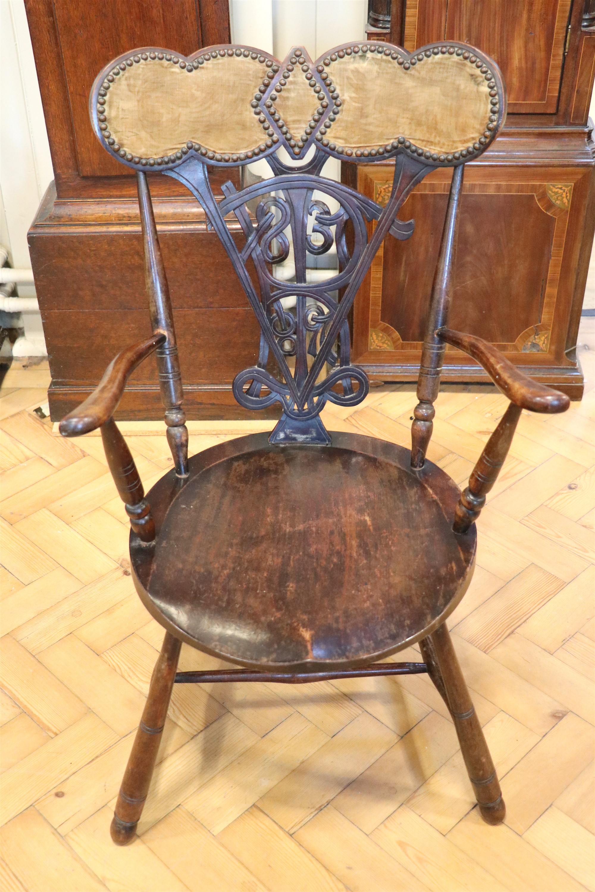 A Victorian golden Jubilee stud upholstered mahogany commemorative open armchair, the backsplat - Image 2 of 3