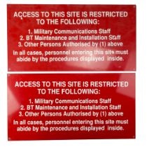 Two aluminium military communications site restricted access signs, 58.5 x 30.5 cm