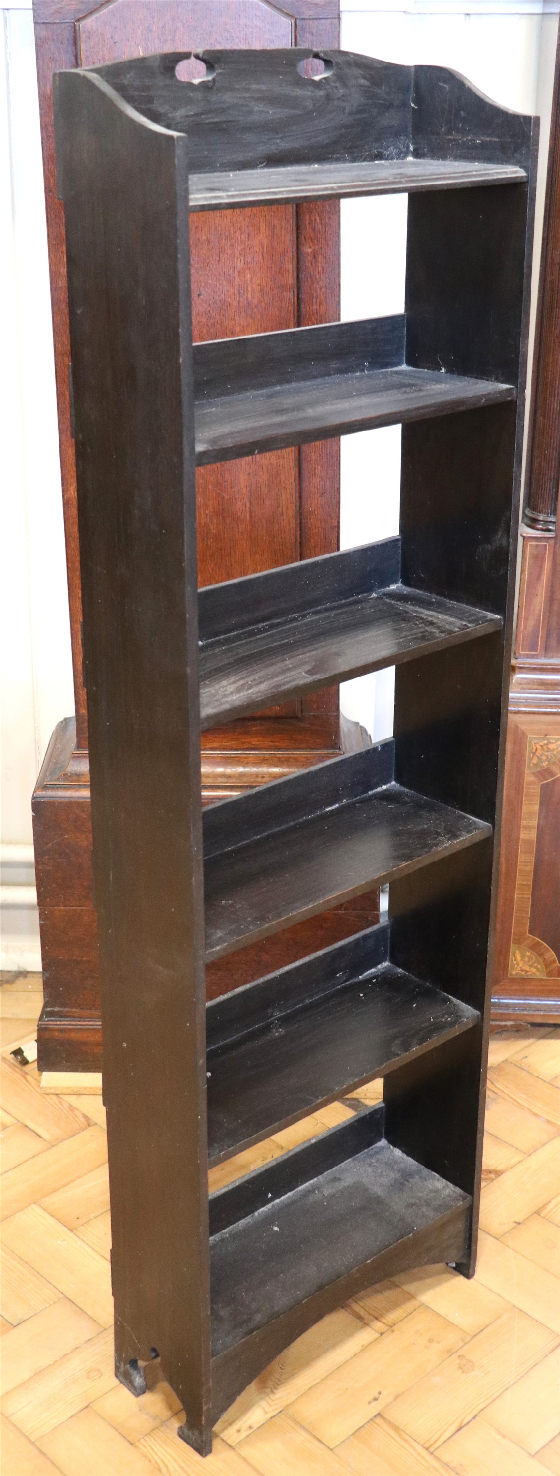 A late 19th / early 20th Century Arts and Crafts influenced slender ebonised open bookcase, 40 x - Image 2 of 2