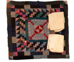 A vintage geometric patchwork throw, 197 cm x 197 cm, together with a pair of wool blankets