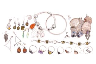 A quantity of late 20th Century and contemporary white metal, amber and other jewellery
