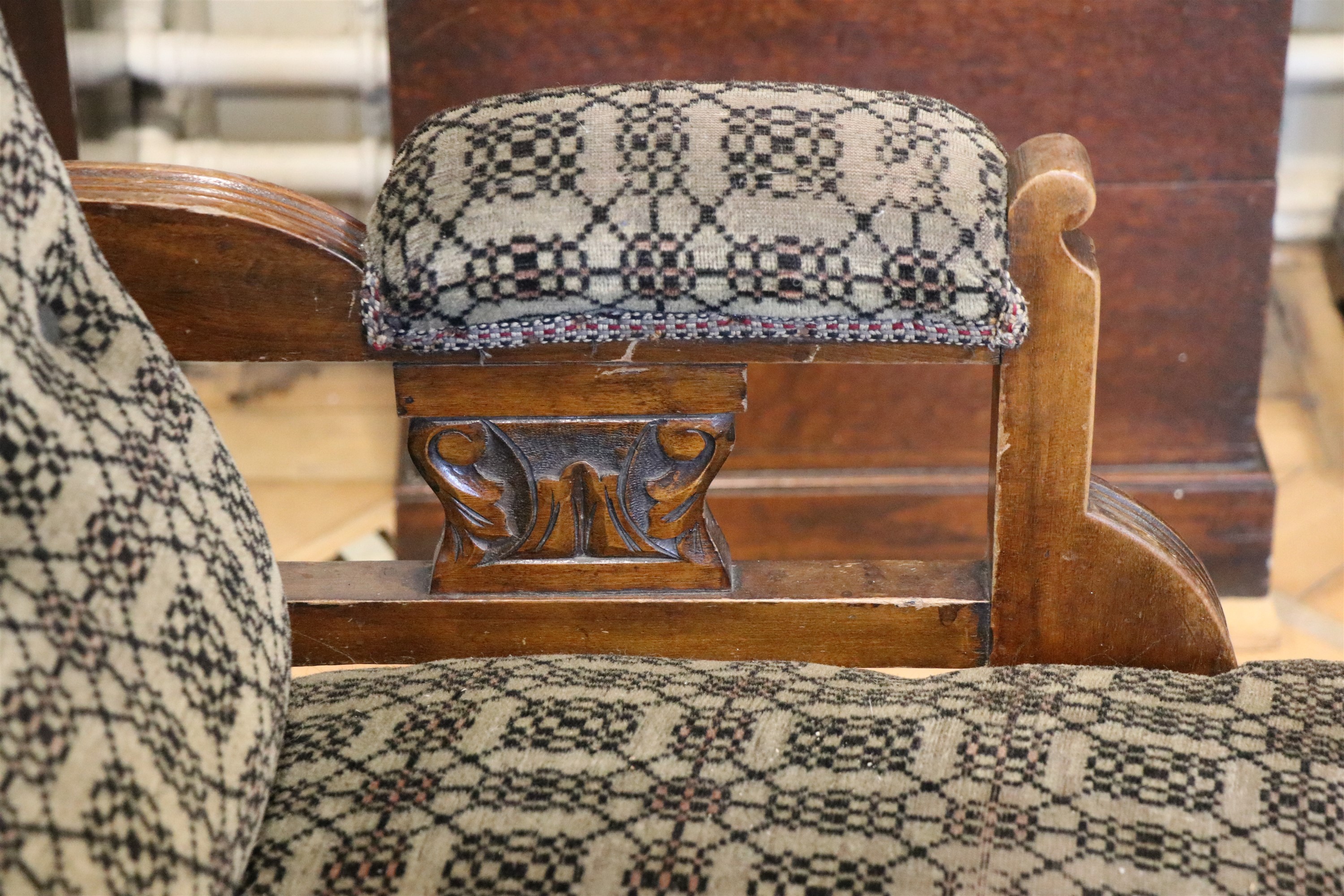 A pair of Victorian upholstered and carved walnut lounge armchairs - Image 6 of 6